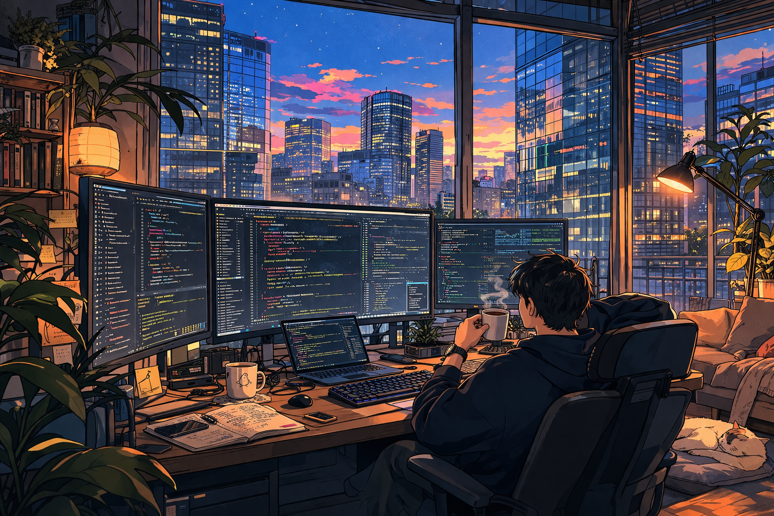 A quiet workshop at dusk — plan on the desk, agents glowing on the monitors, the city going amber through the glass.